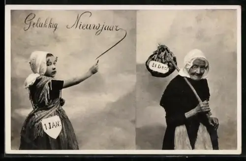 AK 1. Januar und 31. Dezember personifiziert, Neujahrsgrüsse