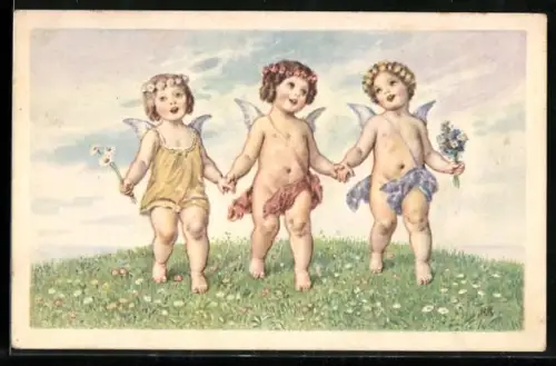 AK Engel singend auf einer Wiese