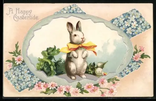 Präge-AK Kleiner Osterhase mit gelber Schleife in Osterereipassepartout