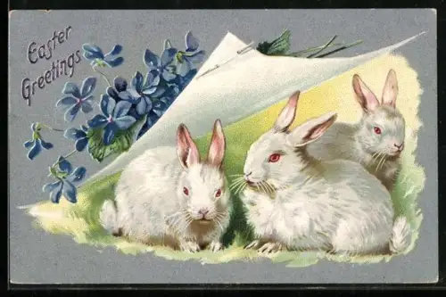 Präge-AK Osterhasen mit Veilchen, Easter Greetings