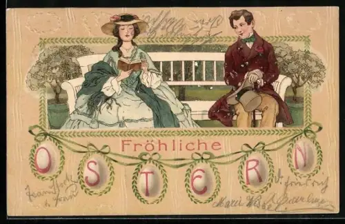 Präge-AK Paar auf einer Bank mit einer Girlande Ostereier