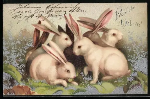AK Gruppe weisse Osterhasen in Blumen