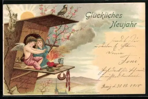 AK Amor entzündet in einem Vogelhaus für eine Frau ein rotes Herz
