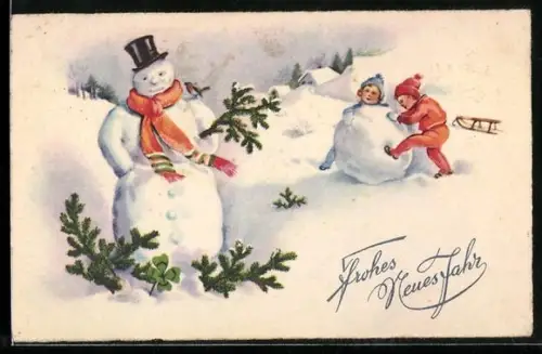 AK Schneemann mit Schaal und Zylinder, Neujahr