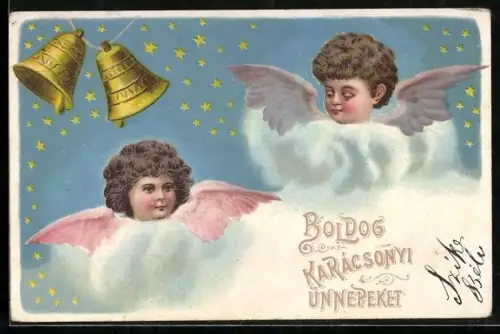 AK Zwei Neujahrsengel in den Wolken mit Glocken