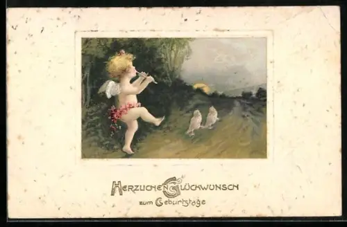 AK Kleiner Engel und zwei Küken grüssen zum Geburtstag