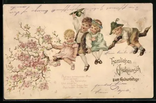 Präge-AK Kinder sitzen auf einem blühenden Zweig und gratulieren zum Geburtstag
