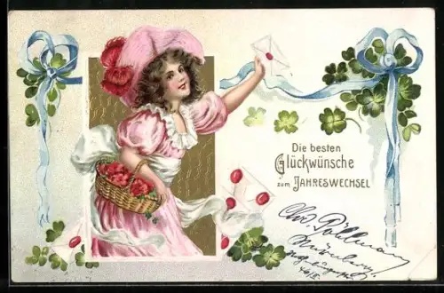AK Dame mit Brief und Kleeblättern zum Jahreswechsel