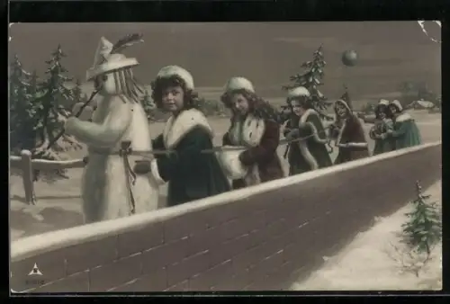 AK Schneemann mit Kindern im Schnee zum Neujahr