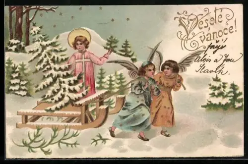 Präge-AK Weihnachtsengel ziehen das Christkind auf einem Schlitten