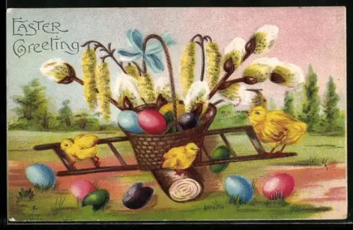 Präge-AK Osterküken mit einem Korb voller Weidenkätchen und Ostereier