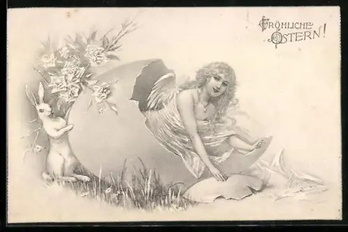 AK Schöner Osterengel kommt aus einem Ei, Osterhase