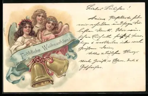 AK Drei Weihnachtsengel mit einem Banner und Glocken