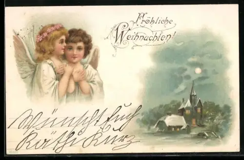 Lithographie Weihnachtsengel und verschneite Ortschaft