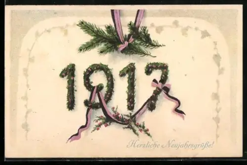 AK Herzliche Neujahrsgrüsse, Jahreszahl 1917 mit Schleifen