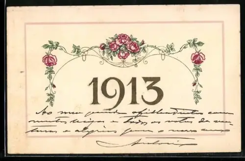 AK Jahreszahl 1913 mit roten Rosen