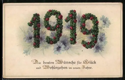 AK Jahreszahl 1919 aus Klee und roten Rosen