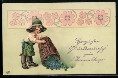 Präge-AK Bub entleert seinen Korb voller Klee und Vergissmeinnicht, Namenstag