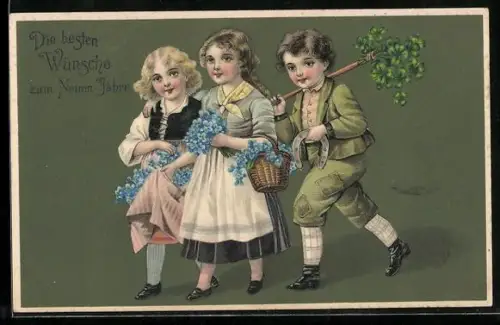 Präge-AK Kinder tragen Vergissmeinnicht, Kleeblatt und Hufeisen für Glück im neuen Jahr