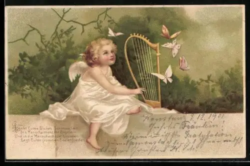 AK Blonder Engel musiziert auf der Harfe