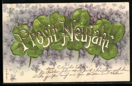 Präge-AK Kleeblätter und Blumen, Neujahrsgruss
