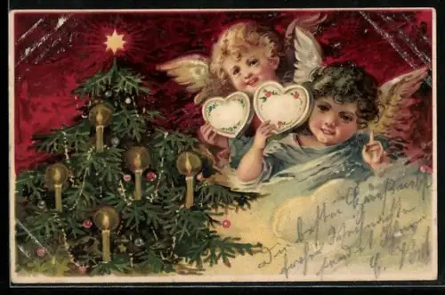 AK Weihnachtsengel mit Herzen am Weihnachtsbaum