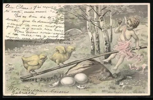 AK Osterengel schaukelt auf einer Wippe mit Küken