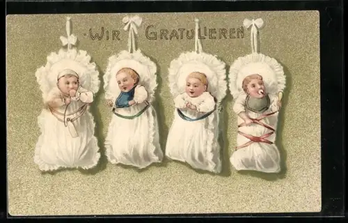 Präge-AK Kleinkinder in weissen Schlafsäcken, Geburtstag