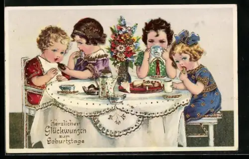 AK Kinder sitzen zum Geburtstag an einem Tisch