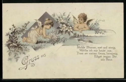 AK Zwei kleine Engel mit Blumen und idyllischer Landschaft