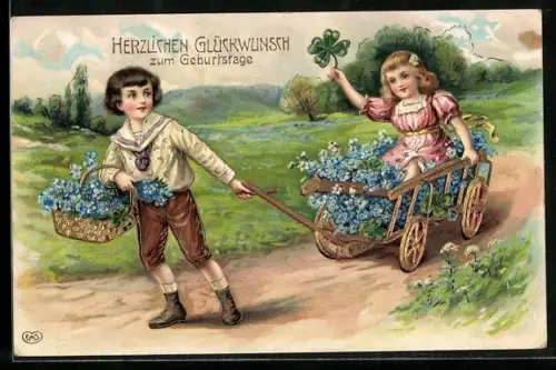 Präge-AK Zwei Kinder mit einem Karren voll Vergissmeinnicht zum Geburtstag