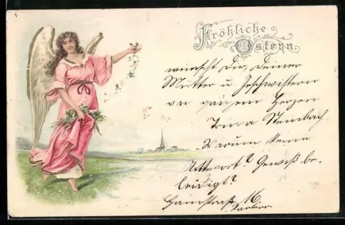 AK Osterengel mit Blumen, Fröhliche Ostern