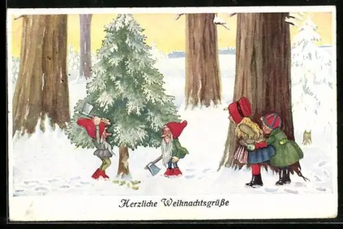AK Zwei Kinder sehen Zwerge beim schlagen eines Weihnachtsbaums