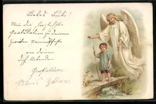 AK Schutzengel behütet einen Jungen beim Überqueren eines Bachs