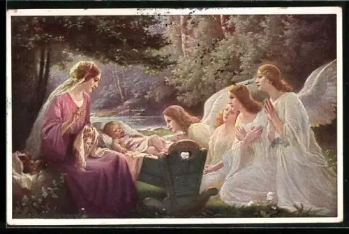 AK Engel beten an der Krippe eines Kindes