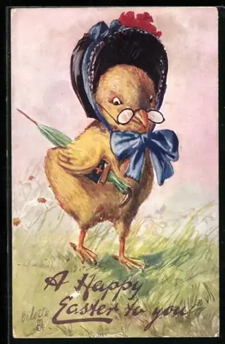 AK Fröhliche Ostern, Osterküken-Dame mit Bibel, Hut und Brille