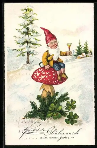 AK Zwerg sitzt mit Sekt auf einem Fliegenpilz