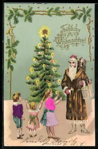 Präge-AK Kinder freuen sich über die Ankunft des Weihnachtsmannes