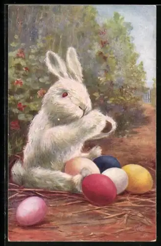 AK Osterhase spielt mit bunten Ostereiern