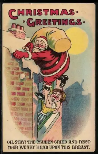 AK Frau versucht den Weihnachtsmann zurück durchs Fenster zu ziehen