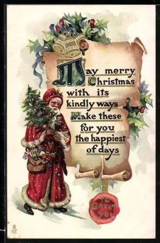 Präge-AK Weihnachtsmann mit Tannenbaum und Geschenken im Schnee, May merry Christmas with its...