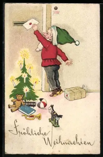 AK Zwerg schiebt einen Brief durch den Briefschlitz