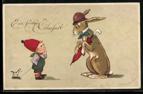 AK Kleiner Junge begegnet einem Osterhasen mit Hut und Schirm