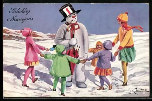 AK Frau und Kinder tanzen um einen Schneemann