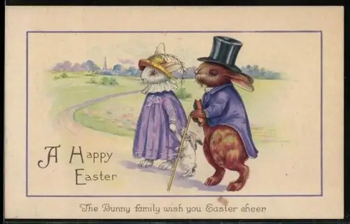 AK Osterhasenfamilie auf einer Wiese, A Happy Easter