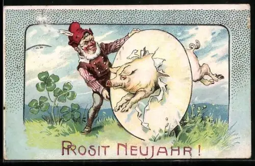 Präge-AK Schwein springt durch einen Reifen, den ein Zwerg hält, Klee, Neujahr