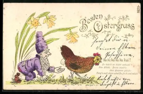 Präge-AK Zwerg fängt das Ei einer Henne auf, Ostergrüsse