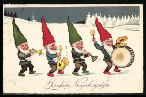 Künstler-AK Neujahrsgrüsse, musizierende Zwerge im Schnee
