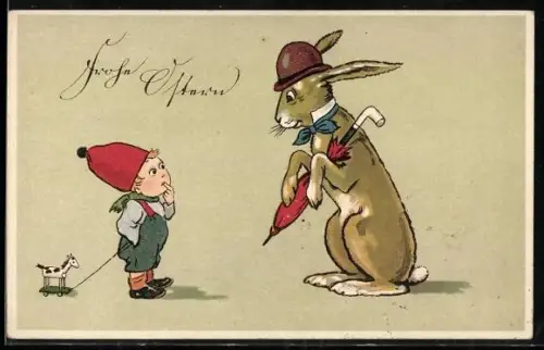 AK Vermenschlichter Osterhase begegnet einem Jungen