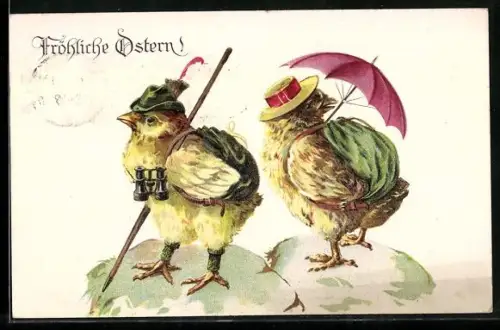 AK Zwei Osterküken beim Wandern, Ostergrüsse